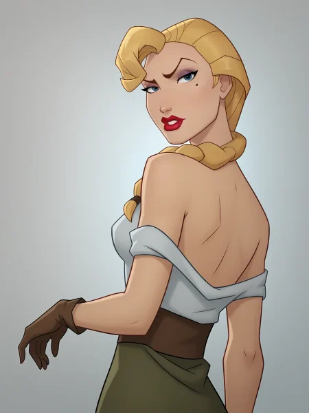 uncensored, score 9 up, score 8 up,
 <lora:Atlantis_The_Lost_Empire_Lieutenant_Helga_Katrina_Sinclair_Character PonyXL:1>,helga_atlantis, blonde hair, lipstick, makeup, red lips, long hair, mole under eye, , single braid, bare shoulders, parted lips, brown gloves, , hair over shoulder, medium breasts, black eyes, off shoulder, eyeshadow, blue eyes, 1girl, standing, looking back at viewer,