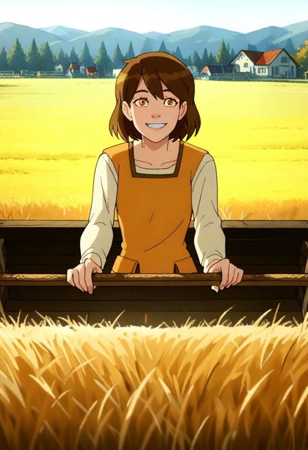 A charming rural illustration showcasing a bright and lively countryside scene. . To the left  stands a young girl, depicted with medium-length, wavy brown hair, wearing a simple orange dress. She holds a stick with a red leaf attached, interacting playfully with the grass. Her facial expression is cheerful, reflecting a sense of joy and connection with the animals.
The background is characterized by rolling fields of golden rice paddies on the right and neatly stacked straw bundles on the left, signifying the harvest season. A wooden cart laden with hay is positioned slightly off-center on the dirt path, adding to the rustic atmosphere. Beyond, a small cluster of white farmhouses sits at the base of forested hills, with green and autumnal trees blending harmoniously.