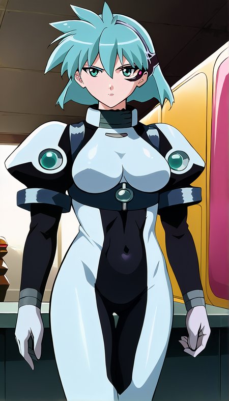 score_9_up, score_8_up,  source_anime, meia_gisborn,aqua hair, cowboy shot. standing. turquoise eyes, eyepiece, 1girl, solo, breasts,  looking at viewer, serious. short hair, bangs, gloves, bodysuit.