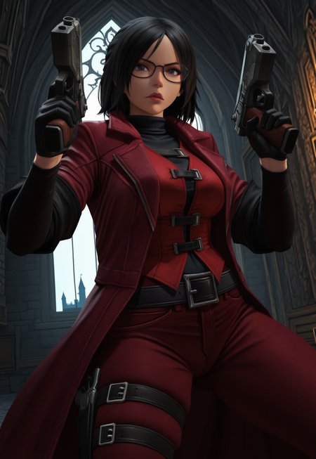 masterpiece, high quality, dynamic angle, 1girl,  solo, black hair, glasses , dmc1fit, red trenchcoat, red vest, chest straps, black turtleneck, thigh strap, black sleeves, black gloves, red pants, belt, holding two handguns, action pose, dynamic pose, castle interior, medieval, fantasy, cinematic lighting