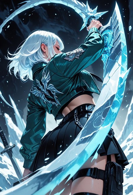 highres, very detailed, amazing quality, masterpiece,
very aesthetic,
particle effect,
1girl, holding sword, oversized weapon, engraved, chains, fusion, green jacket, belts, black tie, black skirt, pleated skirt, jacket, midriff, puches, thigh pouch, white hair, 
curvy,
action pose, dynamic angle, dynamic pose, blocking dragons breath with sword, 
Dragons, dragon ice breath, 
Close up, depth of field, ray_tracing, cowboy shot, motion blur, foreshortening, cyberspace, surreal, very aesthetic, glacier, 
From behind, view from behind,