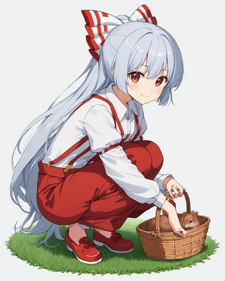 fujiwara no mokou,1girl, red_pants, squatting, suspenders, long_sleeves, hair_bow, solo, white_shirt, smile, ofuda, red_footwear, white_background, basket, full_body, shoes, collared_shirt, simple_background, white_bow, closed_mouth, squirrel, grass, animal, holding
<lora:fujiwara_no_mokou_image4672_2023-12-14-000008:1>,star-shaped_pupils,symbol-shaped_pupils,. gorgeous,key visual, vibrant, studio anime,award-winning, professional, highly detailed,high budget, cinemascope