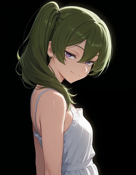 <lora:Ubel v2 Illu:1>1girl, solo,
ub3l, green hair, purple eyes, long hair, side ponytail, hair between eyes,
sundress, looking to the side, closed smile, looking at viewer, 
simple background, black background