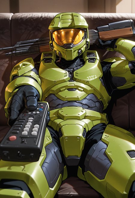 masterpiece, best quality, newest, absurdres, highres, 1boy, sitting, gun, controller, on couch,
<lora:ManWatchingTVMeme_illusXLNoobAI_Incrs_v1-000012:1>,  <lora:masterchief-halo-richy-v1_ixl:1> masterchief, helmet, visor, power armor, shotgun,