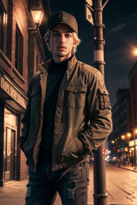 (masterpiece, best quality, high quality, highres, ultra-detailed), city, scenery, night, building, sign, cityscape, pantyhose, skyscraper, street lights, 
solo, 1boy, gray eyes, short Crew Cut, sand blonde hair, triangular face, looking at viewer, outdoors, hands in pockets, khaki jacket, black  loose jeans, black baseball cap, 
AS-Adult, Asian-Less, OverallDetail,