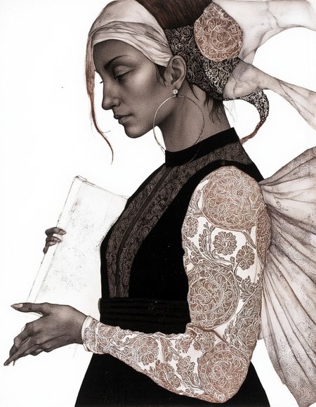 Art by Marina Richterova. A black and white, monochrome illustration from a profile camera angle about a profile of a woman with intricate patterns on her clothing and accessories, set against a plain white background. the image features a woman in the middle of the frame, with her upper body facing the viewer and her eyes closed. she is wearing a sleeveless black dress with lace sleeves and a high neckline, and her hair is styled in a long, flowing manner. her skin is smooth and dark, and she has a serene expression on her face. she has large hoop earrings on her ears and is holding a piece of paper in her left hand, adding to her delicate and elegant look. the background is a simple, neutral color, allowing the focus to be on the woman's upper body and the intricate patterns of her clothing.