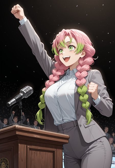 masterpiece, best quality, highres, absurdres, very awa, 1girl, solo, twin braids, multicolored hair, pink hair, green hair, mole under each eye, large breasts, grey jacket, grey pants, long sleeves, office lady, open jacket, pant suit, white shirt, pod1um, podium, microphone, stage, cowboy shot, green eyes, looking ahead, raised fist, clenched hand, arm up, jumping, upper body, smile, open mouth