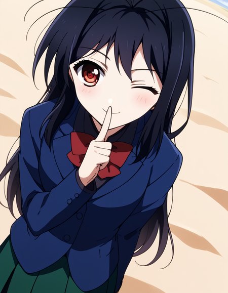 score_9, score_8_up, score_7_up, source_anime, <lora:accelworld-kuroyukihime-s1-ponyxl-lora-nochekaiser:1>, kuroyukihime, long hair, black hair, red eyes, antenna hair,, skirt, bow, brown eyes, school uniform, jacket, blazer, red bowtie, blue blazer, green skirt, pleated skirt, desert, sand, dunes, cacti, heat, , <lora:shushing-ponyxl-lora-nochekaiser:1>, shushing, finger to mouth, index finger raised, from above, library, smile, blush, one eye closed, dutch angle,, looking at viewer, solo,, dutch angle, cowboy shot