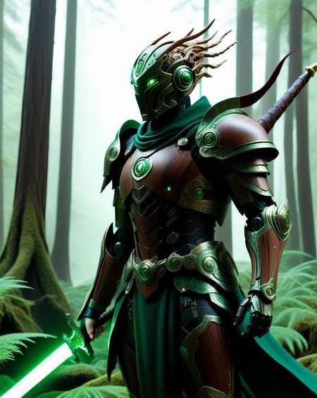 cinematic still photography, full body view, a wandering wooden android warrior that is a combination of wood and micro electronics, glowing green eyes, (his armor has electronic green glowing veins:1.3), he holds an ancient scimitar at the ready, one ancient scimitar is strapped to his back, set in a mystical bioluminescent forrest surrounds him, ultra wide shot, deep depth of field, 8k, uhd, intricate details, <lora:sd_xl_dpo_lora_v1:1.0>,  <lora:NaturePunk_SDXL:0.7>, Naturepunk,