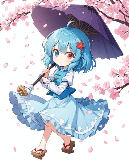 tatara kogasa,1girl, solo, heterochromia, cherry_blossoms, blue_vest, full_body, geta, white_shirt, blue_skirt, petals, holding_umbrella, juliet_sleeves, frills, looking_at_viewer, hair_flower, white_background, simple_background, closed_mouth, ahoge, karakasa_obake
<lora:tatara_kogasa_image6022_2023-12-20-000007:1>,star-shaped_pupils,symbol-shaped_pupils,. gorgeous,key visual, vibrant, studio anime,award-winning, professional, highly detailed,high budget, cinemascope