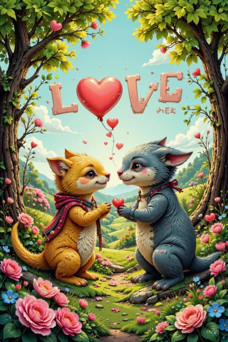 two cute animals sharing tiny heart-shaped tokens on Valentine's Day beautiful  landscape, morning, woman, very intricate, very detailed, sharp, bright, colorful, <lora:Hand v2:0.5> <lora:Anti-Blur:1><lora:Insane Detail Slider:0.25>  <lora:flux.1_lora_flyway_Epic-detail_v2:0.3> <lora:fluxenhancer:0.25> <lora:ck-Neon-Retrowave:0.4> ck-rw, in the style of ck-rw,  <lora:Neurocore Anime Cyberpunk:0.8> A digital artwork in the style of cknc