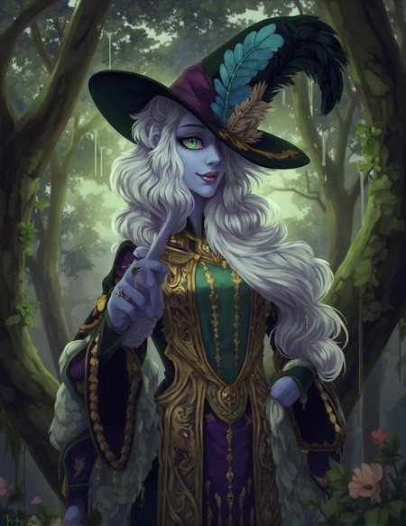 <lora:ck-LttleGhost-000011.safetensors:1> in the style of ck-lttlegh0stA ghostly figure stands amidst a dreamy forest background, donning pale blue skin, flowing white hair, and an ornate black hat with feathers. Their elaborate robe is layered in gold, purple, and green fabrics, adorned with tassels and featuring intricate patterns. A silver ring adorns their finger, as the digital painting blends fantasy and surrealism elements.