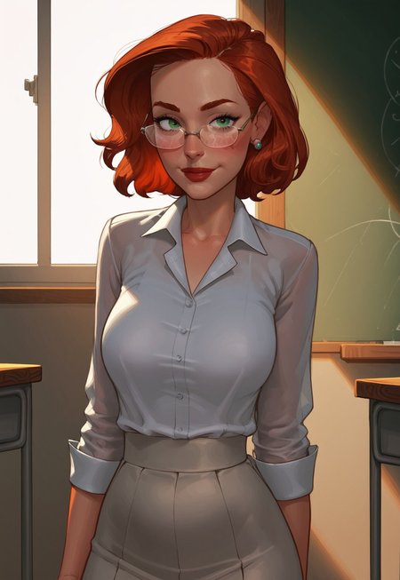 score_9, score_8_up, score_7_up, score_6_up, (((solo))), 1girl, classroom, (((beautiful irish redhead woman in her thirties))), ((glasses)), mature, milf, auburn hair, green eyes, (short hair), shoulder_length hair, medium breasts, ((conservative attire)), wearing a (((light blue blouse))),  ((long gray skirt)), and (pantyhose), (((front of classroom))),, (((standing))), smiling, facing viewer