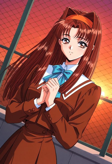 masterpiece, best quality, newest, highres, uncensored, 1girl, yokota mamoru style,1girl,
Matsudaira Youko,girl,brown hair,long hair,1990s (style),hairband，amber eyes
1girl, solo, blue eyes, sunset, school uniform, chain-link fence, long hair, fence, brown hair, bow, hair intakes, dutch angle, ribbon, own hands together, hair bow, long sleeves, rooftop
