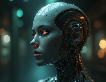3d model, 3d render,  cyborg head 3d octane render,carbon material body parts, ultra photorealistic, 8k hyper detailed image unreal engine, the art contemporary art by Emmanuel Lubezki, shallow depth of field, vignette, (Fiber optic light painting) (Fujicolor Superia X-TRA 400:1.5) (Light tracing) (Holography)