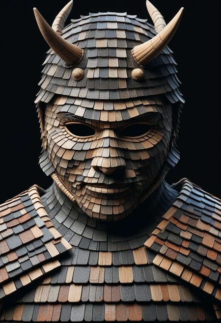 detailed, realistic, 8k uhd, high quality, masterpiece, mad-shingles, samurai, samurai armor made of shingles, samurai_mask, black background