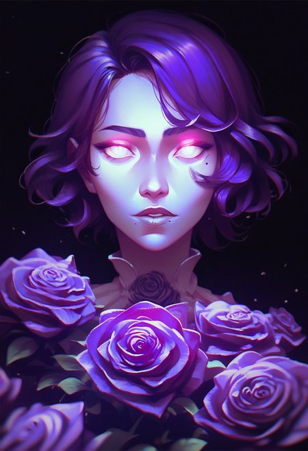 score_9, score_8_up, score_7_up, score_6_up, ARKN2, Detailed drawing, 1girl, flower, mole, solo, portrait, rose, glowing, mole under eye, parted lips, looking at viewer, simple background, black background, purple theme, glowing eyes, white eyes, short hair