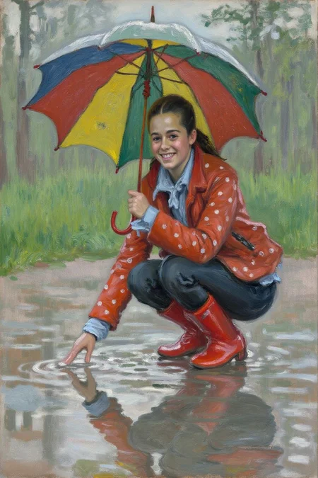 claudemonet1 painting. A young woman, angled from slightly above and to the right, crouching low to the ground in a puddle. The young woman is wearing bright red rubber boots and a red jacket with white polka dots. The jacket sleeves are pushed up to reveal blue cuffs. The young woman also wears dark blue jeans and has a smile on her face as she extends her right index finger to touch the water in the puddle. Above the young woman is a large, open umbrella with rainbow-colored panels and a red handle. The ground is wet and paved with grey stones, reflecting the sky and umbrella. The background is slightly blurred, showing hints of green grass and trees. The lighting is overcast and diffused, typical of a rainy day. <lora:claudemonet1_cap_d8a4e12:1.0><lora:843595426201445202:0>