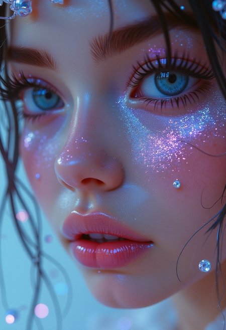 This is a highly detailed, digital artwork in a hyper-realistic style, showcasing a close-up portrait of a young woman. The subject has fair, smooth skin with a slight sheen, adorned with glittering, iridescent particles that shimmer in shades of blue, pink, and purple, giving a magical, ethereal quality. Her eyes are a striking blue, with long, thick eyelashes and a subtle, piercing gaze.