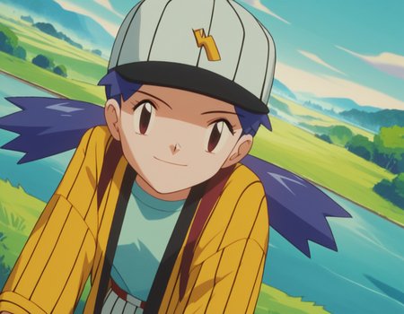 score_9, score_8_up, score_7_up, source_anime,
pokemoncasey, <lora:pokemon-casey-anime-ponyxl-lora-nochekaiser:1>,
casey, long hair, twintails, blue hair,
shirt, long sleeves, hat, striped, white headwear, baseball cap,
landscape, smile, bent over,
looking at viewer, cowboy shot, dutch angle, solo,