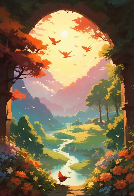 score_9, score_8_up, score_7_up, easynegative,  4esthet1c, trees, sun, morning, irisch landscape, bird, flowers, beautiful composition