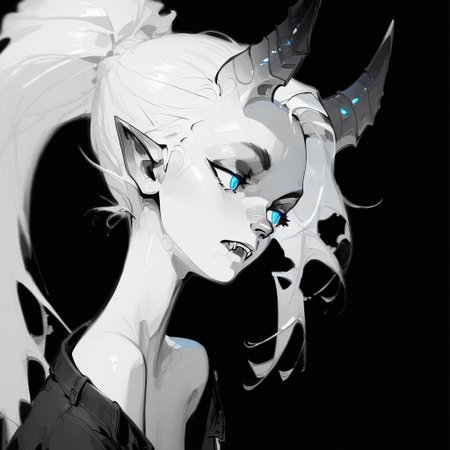(Blend_in, black background), score_9, score_8_up, score_7_up, masterpiece, best quality, absurdres, highly detailed, monochrome, greyscale, spot color, portrait, sidelightning, 1girl, Lynn Pink, blue eyes, ponytail, tail, horns, pointy ears, fangs, (((adult))), small breasts, denim shorts, simple shirt, long sleeves, off shoulder, no bra, looking to the side, parted lips