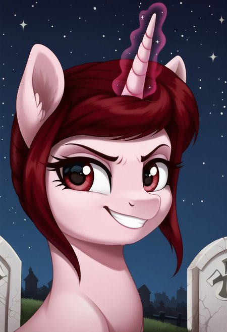 score_9, score_8_up, score_7_up, score_6_up, score_5_up, score_4_up, my little pony, solo, pony, feral pony, unicorn, Rosa Maledicta, pale pink skin, burgundy mane, cemetery, night, moom, stars, magic horn, magic eyes, angry, grin, smile, look at you, beautiful, detailed, detailed fur, beautiful, vector, flat colors, (beautiful long eyelashes), ((close-up)), high angle