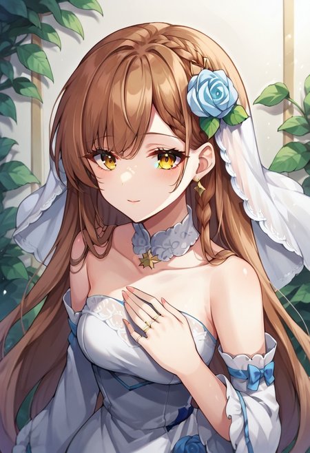 score_9, score_8, score_7, source_anime, wedding dress, sleeveless, brown hair, hair ornament, yellow eyes, braid, off shoulder, ring, upper body, very long hair, detached sleeves