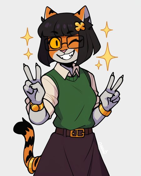 score_9_up, score_8_up, score_7_up, score_6_up,  by remanedur, half-length portrait, female, black hair, cat, tail, medium breasts, yellow sclera, hair accessory, tail bracelet, hair ornament, tiger tail, shirt, sweater vest, panty hose, skirt, gold wristwatch, bracelet, belt, furry, bangs, square glasses, short hair, looking at viewer, wink,  happy, grin, v sign,  head tilt, solo, three-quarter view, simple background, white outline, <lora:Leah_Pines(AIM)_XL_v1:0.15> <lora:PDXL_artist_tags_v2_big:0.5> <lora:The-Minuscule-Task_PDXL_v1.0:0.6>   <lora:Kaede_murninatair:0.7>