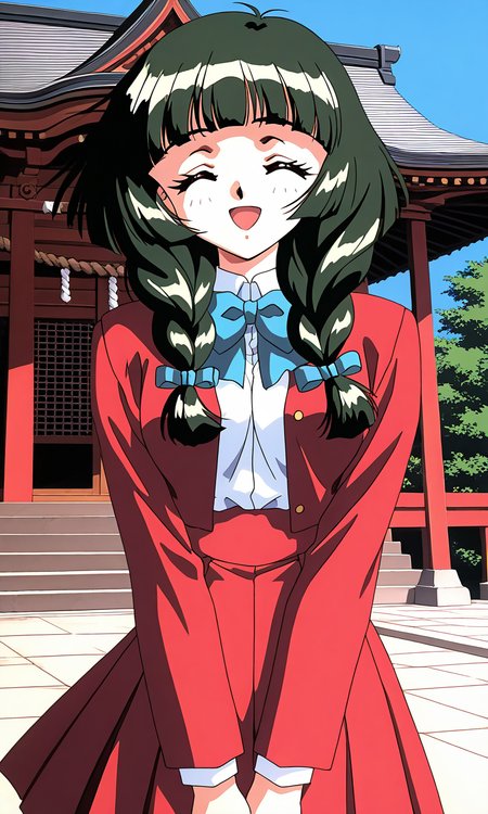 general,highres, ultra-detailed,very aesthetic,best quality ,best hands,  BREAK <lora:Kamiyama_Miko_OVA_IS:1>Kamiyama_Miko_OVA, 1girl,solo, dark green hair, twin braids, blunt bangs, hair over shoulder,  closed eyes, 1990s (style), anime coloring, breasts,
school uniform, long hair, open mouth, bow, red skirt, long sleeves, smile, v arms,
pleated skirt, blue ribbon, looking at viewer, red jacket, white shirt, hair ribbon, open jacket,
shrine, sky, Japan,