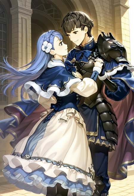 masterpiece, best quality, amazing quality, soft lighting, low lighting, volumetric lighting, outdoors, 1girl, <lora:rinea-10:0.8>, rinea_(fire_emblem), hair ornament,  flower, blue hair, , blue eyes,  long hair, hair flower, crown braid, black pantyhose, fur trim, corset, flower, puffy sleeves, frills, pantyhose, frilled dress, puffy long sleeves, blue bowtie,  blue dress, long sleeves, blue bow, white dress, shoes, braid, dress, blue skirt
 BREAK 
1boy, b3rkut_fe, brown hair, bangs, short hair, brown eyes,black armor, fur trim, blue cape, pauldrons, shoulder armor, gauntlets, pants, holding hands to each other, looking at each other,smile, cowboy shot