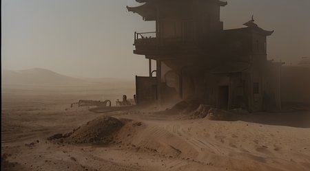 masterpiece, extremely high detail digital RAW color painting of building in desert, fire,sand,frame, house,  coat, art by Dragon Inn-18500, <lora:epiNoiseoffset_v2:1.5>