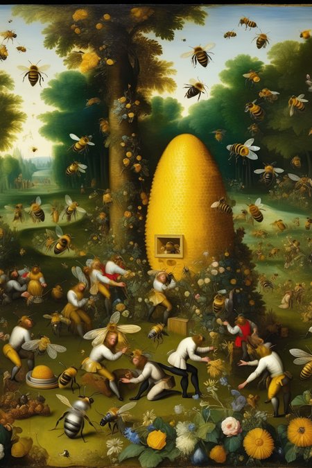 <lora:Jan Brueghel Style:1>Jan Brueghel Style - The painting portrays a beehive at the center, surrounded by a lush and vibrant garden. In the foreground, a group of bees can be seen working diligently, while in the background, other bees are indulging in luxurious activities like drinking and dancing. The bees represent society, with their actions and behaviors symbolizing the virtues and vices that shape it. The colors used in the painting are bold and bright, reflecting the vibrancy of the society depicted. The details of the beehive and garden are meticulously rendered, showcasing the artist's attention to detail. The painting is divided into four sections, each representing one of Mandeville's summaries. The first section depicts the bees working diligently, representing the necessity of labor and commerce in society. The second section shows bees indulging in luxury and vanity, representing the vices that Mandeville argues are necessary for a prosperous society. The third section of the painting portrays the tension between traditional morality and Mandeville's defense of vice. The bees in this section are shown grappling with their conscience, torn between the pursuit of excess and the virtues of honesty and industry. Finally, the fourth section shows a balance being struck between vice and virtue. The bees in this section are depicted working hard and enjoying the fruits of their labor, but not at the expense of traditional virtues. The painting thus captures the essence of Mandeville's argument, that a balance must be struck between vice and virtue for society to flourish.