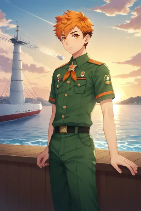 score_9, score_8_up, score_7_up, , rating_safe, , semi-realistic, looking at viewer, depth of field, 1boy, solo, male focus, <lora:hiro_akiba_pony:0.8>, hiro_akiba, orange hair, orange eyes, short hair, multicolored hair, brown hair, uniform, sky port, airship docks, cloud sea, loading areas, watching ships, curious expression, sunset, irish costume, <lora:sdxl_lightning_8step_lora:1>