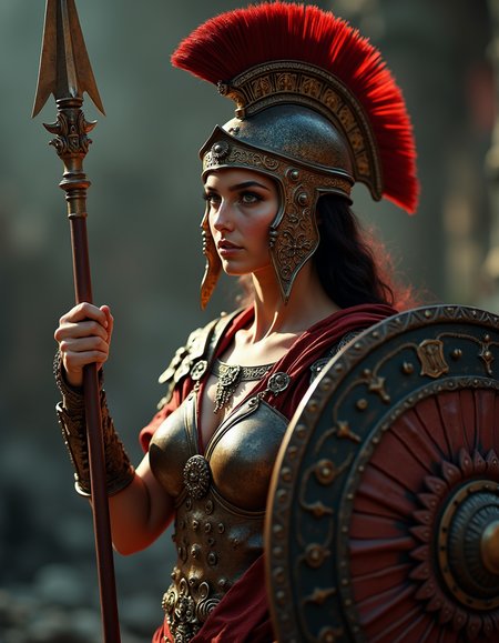 cinematic film still fantasy setting, beautiful ancient Roman goddess, Bellona,35yo, slim, warrior, , rage, violence, ethereal, supermodel, spear, shield, wearing roman soldiers' armor, detailed skin, skin pores, detailed face, jewelry, celestial, intricated skin, realistic, photorealistic, rim lights, dark shadows, cinematic scene <lora:FluxMythP0rtr4itStyle:0.6> . shallow depth of field, vignette, highly detailed, high budget, bokeh, cinemascope, moody, epic, gorgeous, film grain, grainy