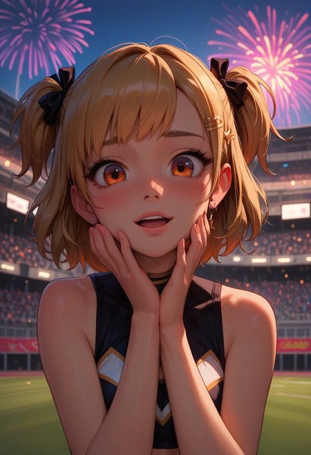 score_9, score_8_up, score_7_up, score_6_up, 
1girl, 25 years old, perfect face, cute, petite,
orange eyes, 
blonde hair, short hair, two side up, hair ornament, 
cheerleader, black tube top, 
stadium, fireworks, 
blush, excited, portrait, face focus, depth of field,
looking at viewer,