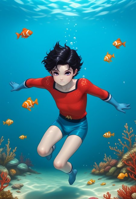 Underwater, fish, bubbles, 1boy, solo, cute boy, floating underwater, fully submerged, Aqualad, Black Hair, Purple eyes, Year One, Grey Skin, Pointy Ears, red shirt, blue gloves, blue speedo, blue shorts,