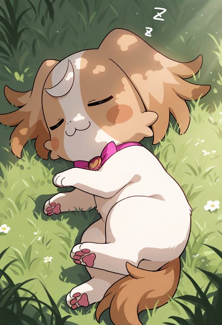 best quality, masterpiece, very aesthetic, dogkomugi, no humans, solo, :3, bowtie, dog, bow, furry, feral, grass, laying, closed eyes, sleeping,