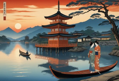 Masterpiece, best quality, ukiyo-e landscape, two traditionally dressed japanese characters looking at a sunset, romantic, pagoda on a river, small boat, harbor
