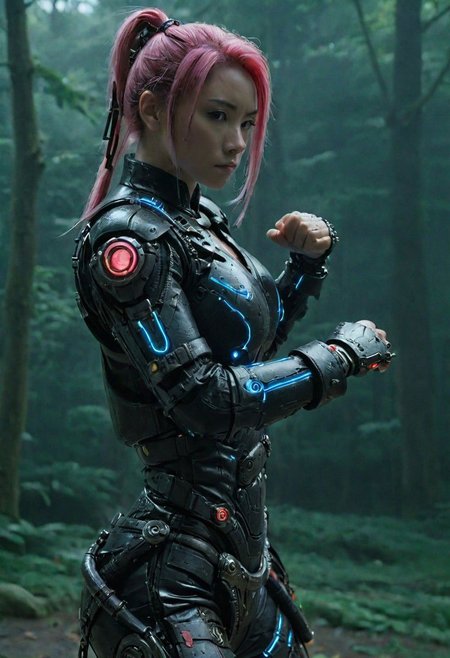 Closeup, grip, Colorful anime By herg, Female Busty Neon Cyborg in Drunken fist Style, Leaning Backwards, A feudal cyborg in drunken fist fight stance, leaning backwards, Perfect Hands,very detailed, atmospheric haze, Film grain, cinematic film still, shallow depth of field,