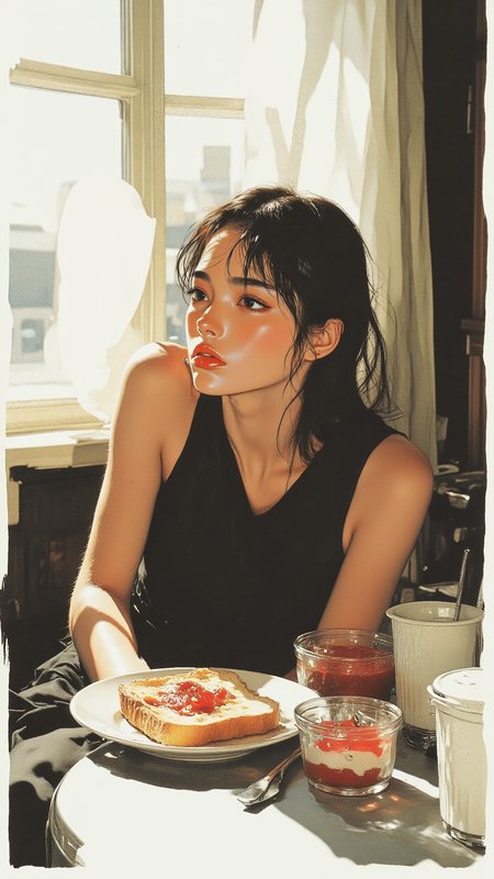 Nova-80s, pingtu style, illustration-fen, scene of a young woman sitting at a small kitchen table, Her slightly messy hair falls over her shoulders, eyes still heavy with sleep as she gazes out the window. A simple breakfastâtoast and jamârests beside her, while soft morning light filters through sheer curtains, casting gentle shadows. Minimalist ink illustration with colorâbold, expressive linework, high-contrast black and white base with selective warm color accents, striking composition, natural movement, elegant simplicity <lora:lora.TA_trained_(1):1.0> <lora:illustration:1.0>