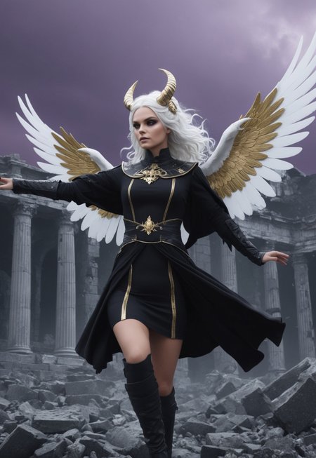 gw3nt1 of a digital illustration of a female character with white hair and horns on her head, flying through the air with her wings spread wide. She is wearing a black and white outfit with gold accents and is holding a skull in her right hand. The character appears to be in mid-air, with her left leg extended behind her and her right leg bent at the knee. The background is a dark and stormy sky with green and purple hues.\n\nIn the foreground, there are ruins of ancient buildings and ruins, with pillars and statues scattered throughout. The ruins are covered in rubble and debris, and there is a large explosion in the background. The overall mood of the image is dramatic and ominous
 (8k uhd:1,4)
 <lora:add-detail-xl:1>
 <lora:Dynamic Poses:1>