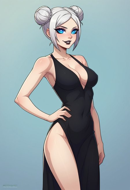 score_9, score_8_up, score_7_up, masterpiece, best quality, detailed face, detailed eyes, 1girl, solo, slim, delicate features, sensual glare, smile, pale skin tone,  blue eyes, makeup, dark lipstick, regal dressing, fur trimmed black dress, white hair with two buns, (hands down), BREAK hand on hip, half-sideways view, medium shot, BREAK simple background
