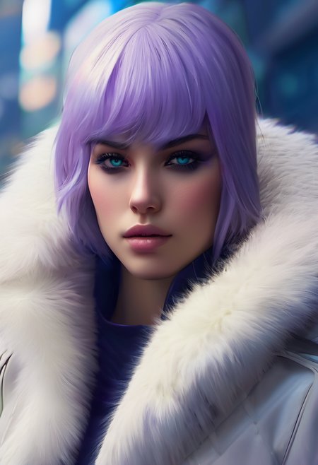 lavender-white eyes,(featureless eyes:1.3),dark blue eyes,lavender clothing,white clothing,fur trim clothing,dark blue clothing,<lora:cwhyberponk:1>,cwhyberponk,science fiction,cyberpunk,fantasy,city,street
