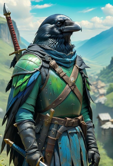 corvidfolk, holding a sword, blue and green armor, background sky over valley