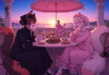 aakkuroyuki, masterpiece, best quality, very aesthetic, absurdres, highres, 2females, duo, monster girls, {{ferret girl:0.8}}, {{rose girl}}, {{rose petal hair}}, {{anthro hybrid}}, {{ferret ears:0.3}}, (snout), {{white fur}}, {{long fluffy tail}}, {{ferret girl}}, {{pink sclera}}, japanese-idol-outfit, coloful dresses, ruffles, hair accessories, bonne, rose dress, pink dress, natural, garden, manor, springtime, relaxed, calm, kuudere, fang, kind eyes, legs crossed, {{holding tea mug}}, curled tail, pastries, snack tray, side table, 2femalemaids, {{traditional maids}}, headdress, black dress, long skirt, mary janes, {{pouring tea for masters}}, {{serving aristocrats at garden party}}, {{pink make up}}, {{multiple girls}}, {{several girls}}, sitting around table, laughing, talking, {{flower garden}}, tea party, twilight, starry sky, {{arboretum}}, {{gazebo}}, table umbrella, chairs, lake view, {{background abstract roses}}, {{1600's fashion}}, period drama genre, pastel glowing, {{furries}}, soft pink glowneon, scenic view, cinematic lighting,close up, face focus, {{psychedelic realm:1.1}}, {{wonderland:0.6}}, soft colored pallete, meticulously detailed image 