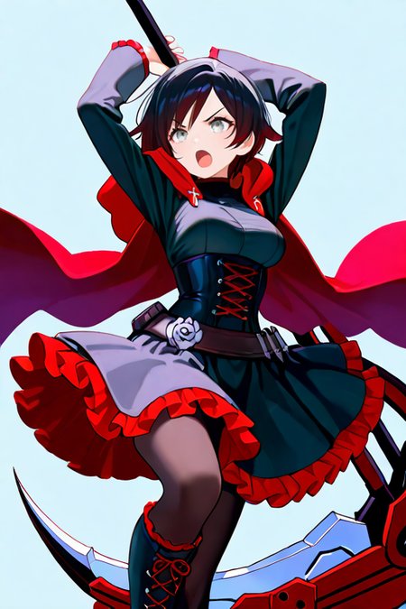 masterpiece, High quality, Ultra detailed, 2d, newest, absurdres, highres, BREAK
1girl, solo, <lora:ruby_rose:0.8>, ruby_rose_(ruby), short hair, black hair, multicolored hair, grey eyes, 
medium breasts, rosedef, long sleeves, black dress, corset, belt, rose, skirt, frilled dress, pantyhose, black footwear, cross-laced footwear, hooded cloak, red cape, 
scythe, crescent rose, holding scythe, fighting stance, angry, arms up, open mouth,