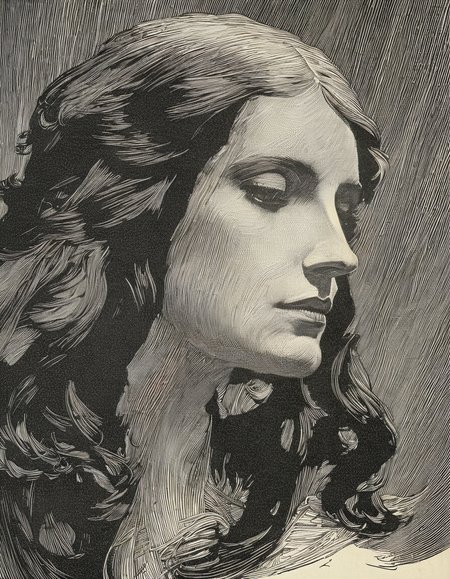 franklin booth style, woman, close up, face, long hair, lithograph <lora:franklin_booth_style_sdxl_v16-000013:1>