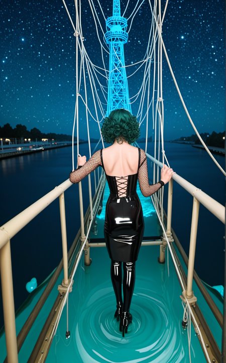 (from_back:1.4),(from behind:1.4),(back view:1.4),(top down view:1.2),(from above:1.2),A 34 year old 1Girl,turquoise eyes,(extra long dark green hair),curly hairs Layered Curls   effect ,,expressionless expression,Lightly defined eyes with a soft berry lip for a fresh appearance,Dressed in powerful and varying colors Royal Blue and Burgundy  a crushed velvet corset with filigree, paired with a glossy latex pencil skirt featuring high slit. Fishnet sleeves, ankle boots with razor-blade heels, and a moonstone hairpin.,(swimming:1.1),Quiet Zip Line Tower in a Amusement Park, an empty zip line tower silhouetted against a starry sky, its cables swaying gently in the night breeze, The atmosphere is adventurous yet serene,<lora:Skin Color_alpha1.0_rank4_noxattn_250steps:-0.5>,