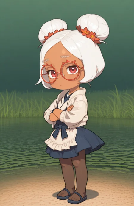 <lora:anatomy_helper:0.8> 1girl, solo, full body, <lora:PossumMachine_v2:0.9> possmach,
<lora:LilPurah-IL:0.8> prhmini, red eyes, red-framed eyewear, red-framed eyewear, dark-skinned female, white hair, double bun, chibi, spa hostess outfit, light jacket, flared skirt, pantyhose, sandals, flower clip,
 wetland, closed eyes,  sleeping,, solo,crossed arms, upper body , looking at viewer,,, extremely detailed, highres, masterpiece, best quality